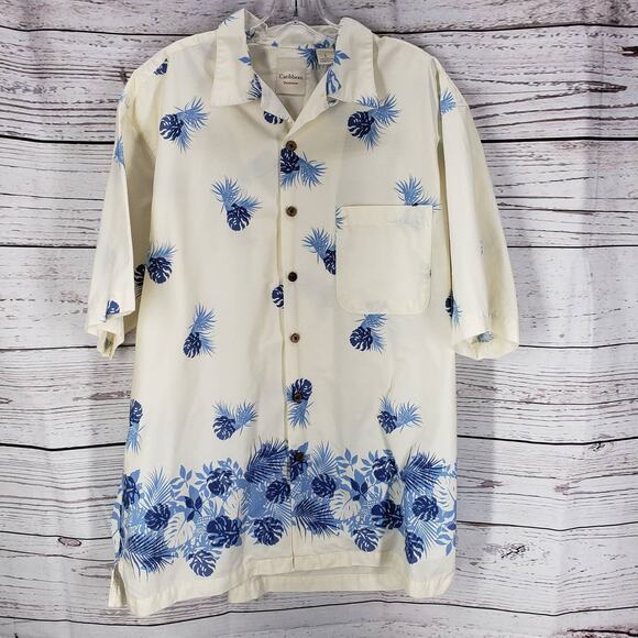 Caribbean Swimwear Men's Blue Cream Hawaiian Short Sleeve Shirt Size Large - Picture 1 of 14